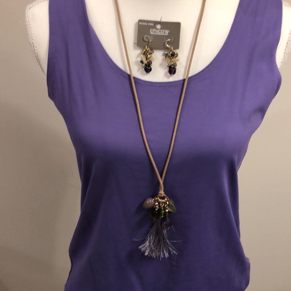 Chico's Purple adjustable tassel beaded necklace and matching earrings set